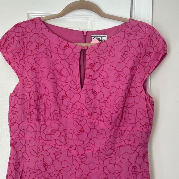 Bob Mackie Studio Silk Cotton Cap Sleeve Keyhole Swing Dress Floral Pink Size 10 - Picture 2 of 9